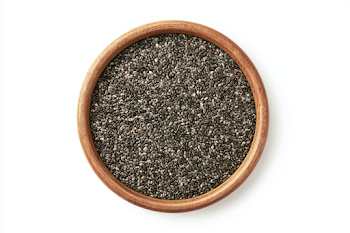 Top-Down View of Chia Seeds in Wooden Bowl