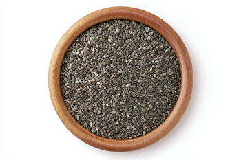 Top-Down View of Chia Seeds in Wooden Bowl