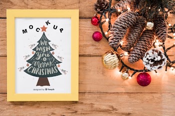 Top view christmas composition with frame mockup Free Psd
