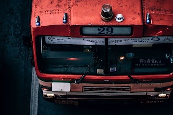 top-view of bus on asphalt road
