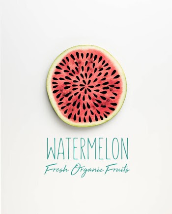 Top view of fresh watermelon slice with seeds illustration and "watermelon fresh organic fruits" lettering