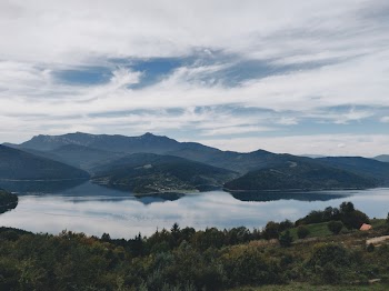 Top View of Lake Surrounded by Trees and Mountains