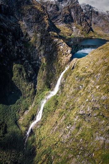 top view of lake with waterfalls
