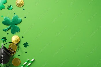 Top view photo of st patrick's day decorations green shamrocks straws clover shaped confetti and pot with gold coins on isolated pastel green background with copyspace