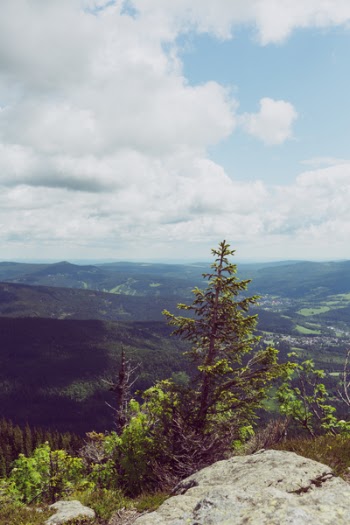 Top View Photography of Rocky Tree Covered Hill Across Hills Under White and Blue Cloudy Skies