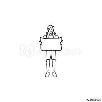 Tourist with backpack holding a map hand drawn outline doodle icon