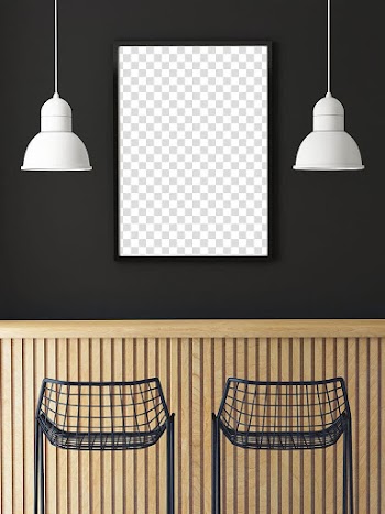Tow white turned-off white pendant lamps below two black metal chairs, Cafe Poster Mockup, White drawing board with the lamp transparent background PNG clipart