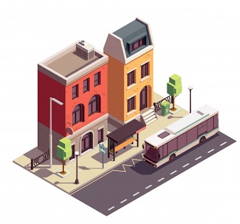 Townhouse buildings isometric composition with outdoor landmark bus stop and two dwelling houses on city street Free Vector