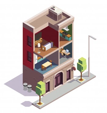 Townhouse buildings isometric composition with profile view of urban dwelling house with separate rooms and furniture Free Vector
