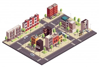 Townhouse buildings isometric composition with urban landscape and streets with city blocks living houses and cars Free Vector
