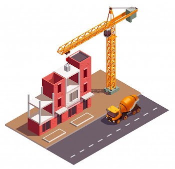 Townhouse buildings isometric composition with view of building site crane and residential dwelling house under construction Free Vector