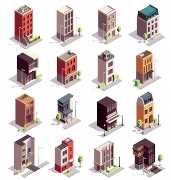 Townhouse buildings isometric set of sixteen isolated colourful buildings with multiple storeys and modern architecture design Free Vector