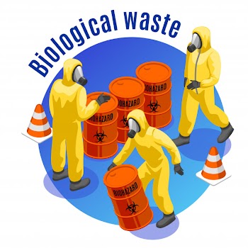 Toxic waste isometric round  composition with hazardous biological and infectious medical materials safe disposal Free Vector