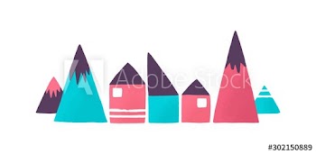 Toy houses and mountains flat vector illustration