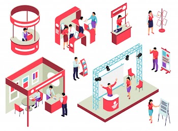 Trade exhibition isometric set with staff and visitors exposition equipment and promotional handouts isolated Free Vector