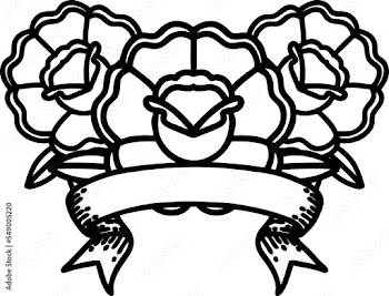 traditional black linework tattoo with banner of a bouquet of flowers