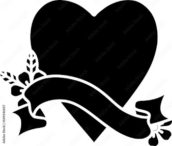 traditional black linework tattoo with banner of a heart