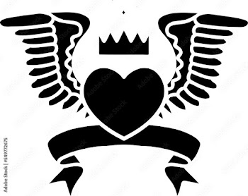 traditional black linework tattoo with banner of a heart with wings