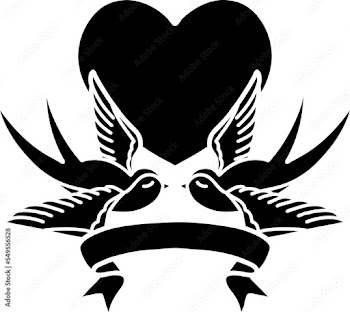 traditional black linework tattoo with banner of swallows and a heart