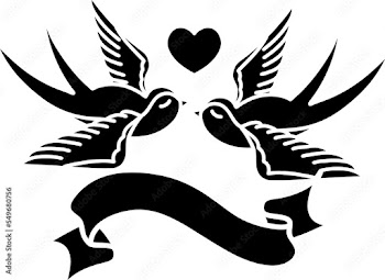 traditional black linework tattoo with banner of swallows and a heart