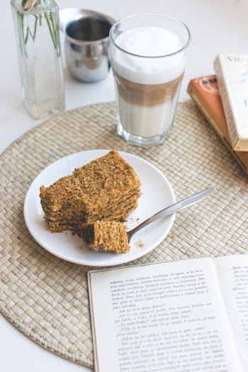 Traditional Czech honey cake with caffe latte 