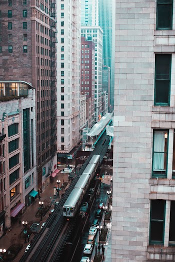 Train Between Buildings