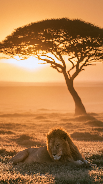 Tranquil African Safari Sunrise with Lion
