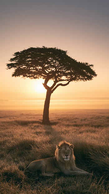 Tranquil African Safari Sunrise with Lion and Acacia Tree