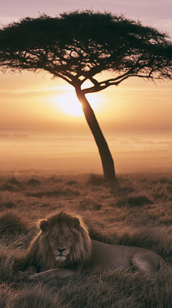 Tranquil African Safari Sunrise with Silhouetted Acacia Tree and Resting Lion
