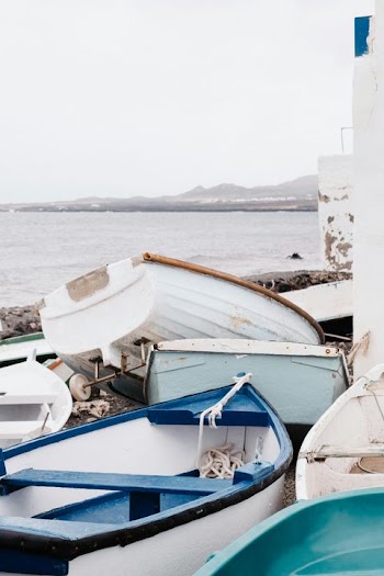 Tranquil Coastal Scene with Colorful Fishing Boats