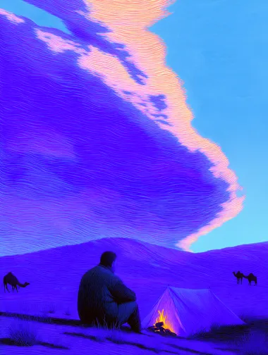 Tranquil Desert Sunset with Fire and Camel Silhouettes Tranquil Desert Sunset with Fire and Camel Silhouettes