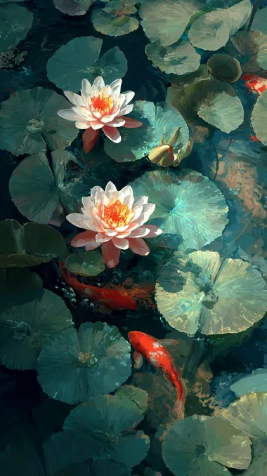Tranquil Lotus Pond with Swimming Fish Tranquil Lotus Pond with Swimming Fish