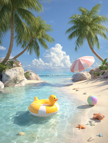 Tranquil Tropical Beach Cove with Inflatable Tube and Beach Umbrella