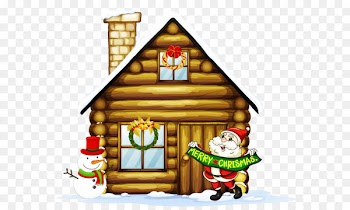 Transparent Christmas House with Santa and Snowman Clipart 