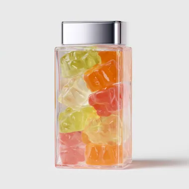 Transparent Square Bottle with Shiny Gummies Transparent Square Bottle with Shiny Gummies