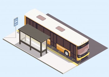 Transport composition with bus near stop on blue background 3d Free Vector