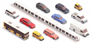 Transport isometric icons set with bus car train van isolated on white background 3d Free Vector