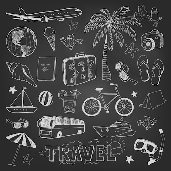 Travel hand drawn doodles vector icons sketch on black chalkboard