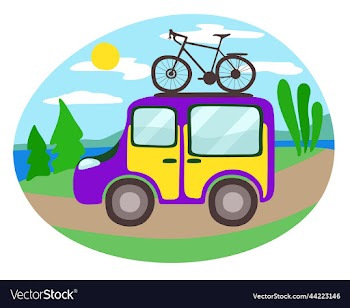 travel minivan with bicycle on the top isolated