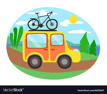 travel minivan with bicycle on the top isolated
