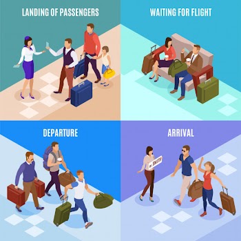 Travel people 2x2 concept set of square icons illustrated arrival departure landing of passengers isometric Free Vector