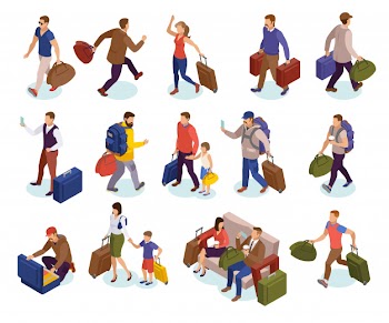 Travel people isolated icons set of characters with luggages waiting hurrying to land meeting arriving passengers isometric Free Vector