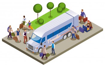 Travel people isometric composition with passengers meeting on tourist bus station for traveling Free Vector