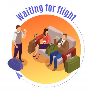 Travel people round concept with passengers waiting for flight in airport lounge isometric Free Vector