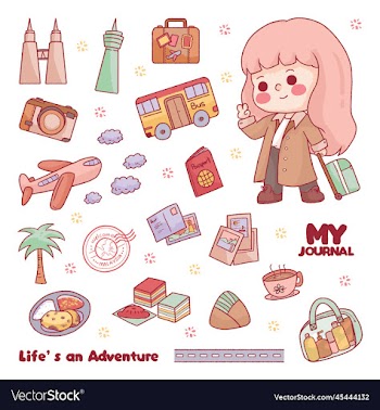 traveler cute cartoon girl happy trip holiday trav