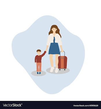 traveling woman with child and suitcase premium