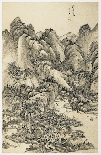 Tree-dotted mountains; buildings with figures | Free Photo - rawpixel