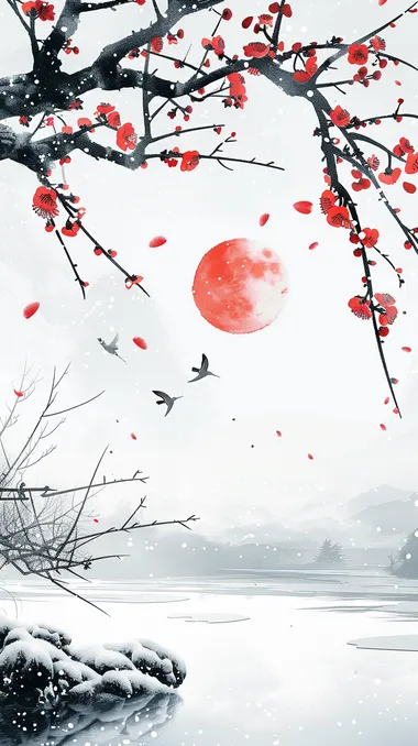 Tree Painting with Red Moon Over Snowy Landscape and Plum Blossoms Tree Painting with Red Moon Over Snowy Landscape and Plum Blossoms