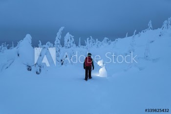 Trekker with a headlamp walking in a snowy Riisitunturi National Park, Finland