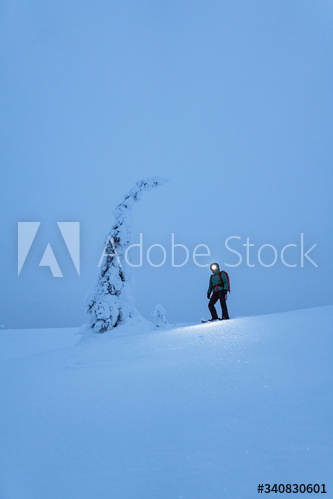 Trekker with a headlamp walking in a snowy Riisitunturi National Park, Finland